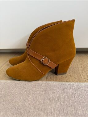 Women's Suede Ankle Booties with Decorative Buckle in Cognac Brown